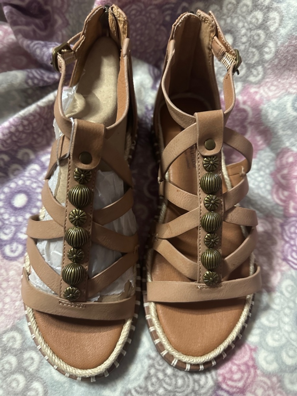 Lucky Brand Tan Strappy Sandals with Antique-Gold Stud Accents